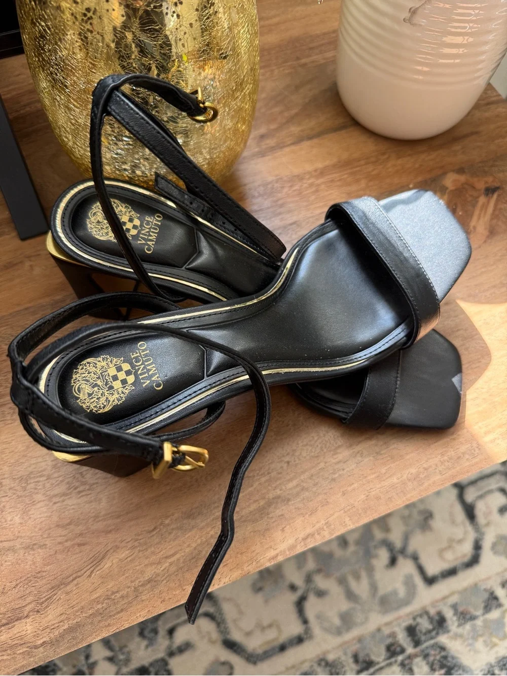 NWOT Vince Camuto Black Leather Ankle-Strap Block Heel Sandals 8.5